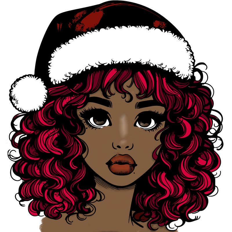 realistic girl with a santa hat curly hair and lips