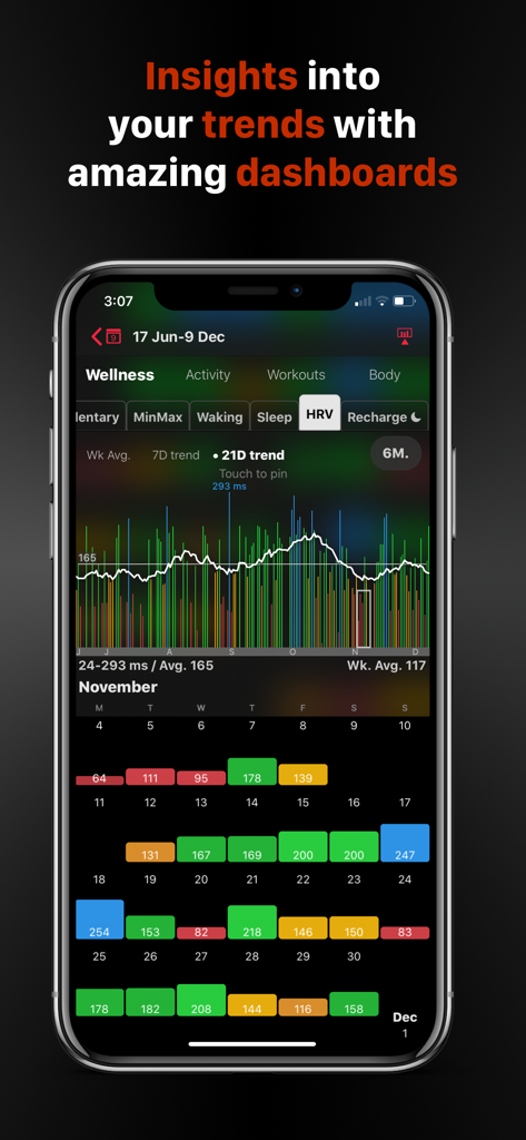 HeartWatch app interface showing heart rate variability HRV analytics with a multi month trend graph and color coded monthly calendar