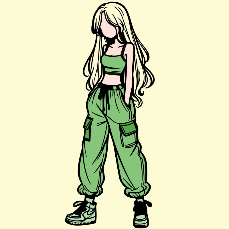 girl in baggy pants crop top and long hair