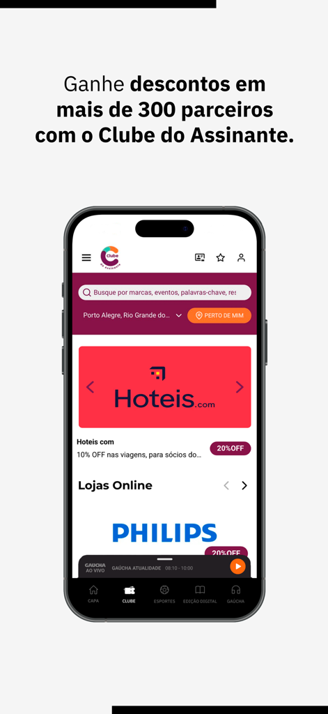 GZH: notícias RS - Smartphone screen displaying the GZH app Subscriber Club section with travel and retail discounts.
