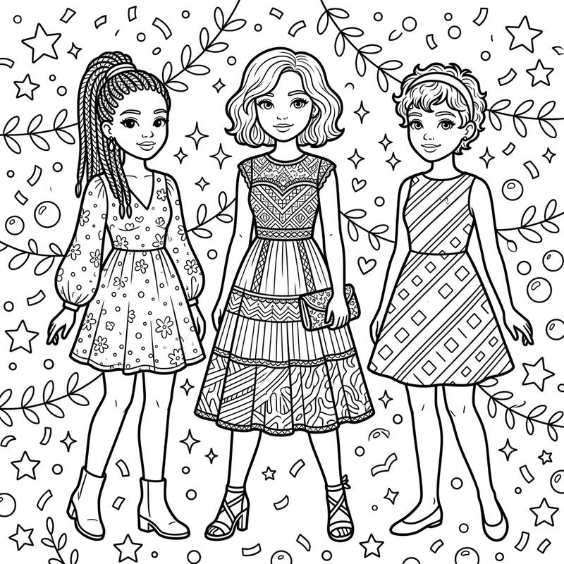 Get ready to explore the world of teen fashion with this vibrant coloring page featuring three stylish girls in their best cocktail dresses. Perfect for young artists who love design, this printable invites you to add your unique splash of color to trendy outfits and a festive background.