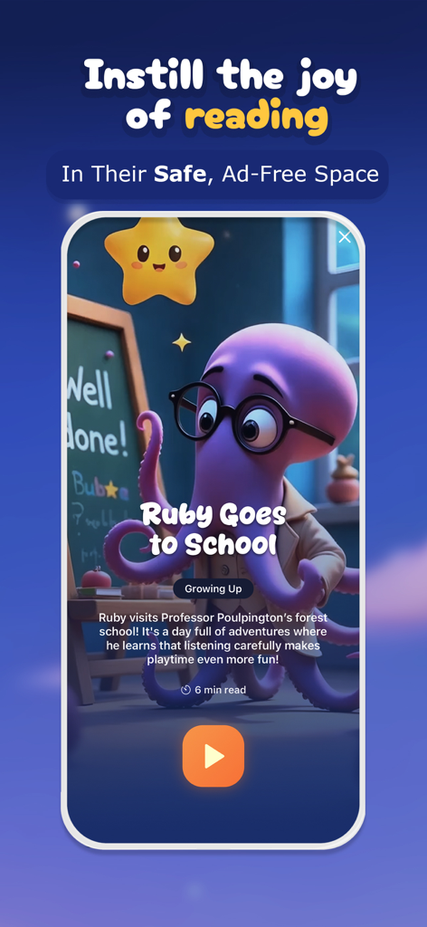Interfaz de la aplicación Lunesia que muestra el cuento interactivo Ruby va a la escuela en un espacio seguro y sin publicidad.