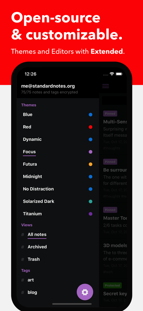 Interface do aplicativo móvel Standard Notes mostrando uma lista de temas personalizáveis e etiquetas de organização no modo escuro