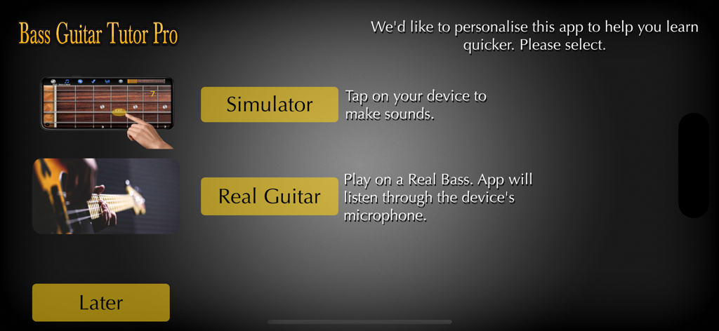 Bass Guitar Tutor Pro - Bass Guitar Tutor Pro personalization screen with choices for simulator or real guitar modes