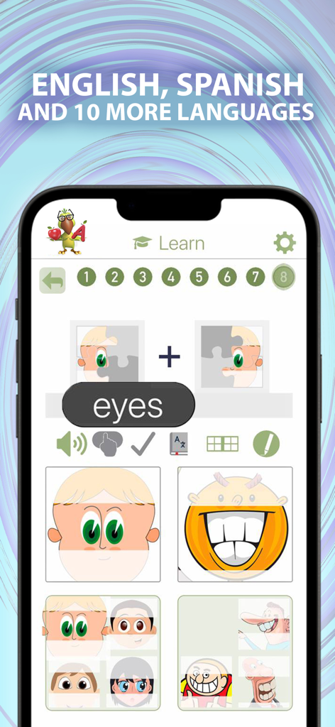 Language Learning ParryLingo - ParryLingo app interface showing a visual vocabulary lesson for children