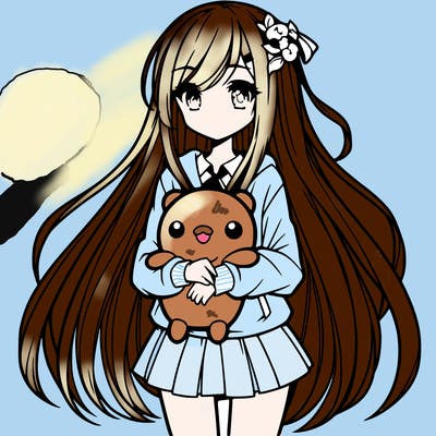 a girl with long hair holding a plushie also anime styled