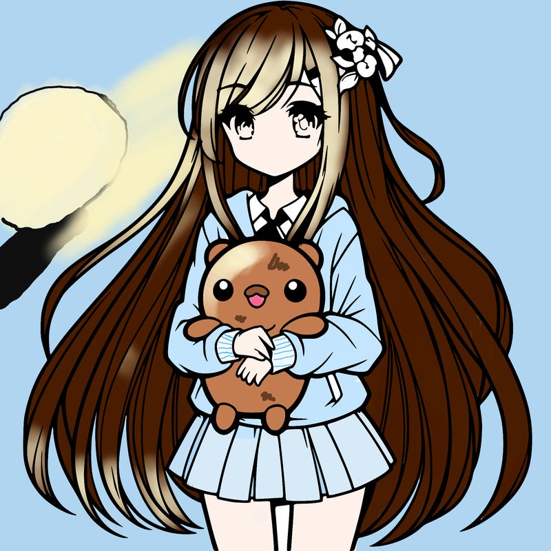 a girl with long hair holding a plushie also anime styled