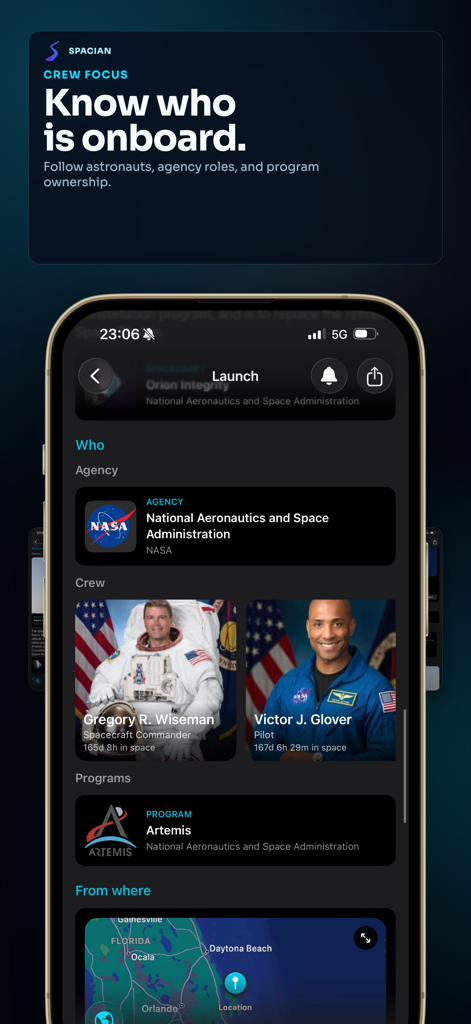 Spacian: Rocket Launch Tracker - Captura de pantalla de la aplicación Spacian que muestra la tripulación de astronautas y el mapa de ubicación del sitio de lanzamiento.