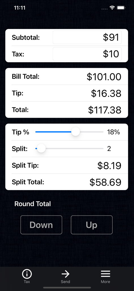 Tip Calculator % Pro - Tip Calculator Pro app screen showing tip and bill split calculation