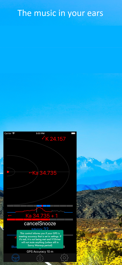 V1Driver - V1Driver app interface displaying real-time radar signal tracking and GPS accuracy alerts