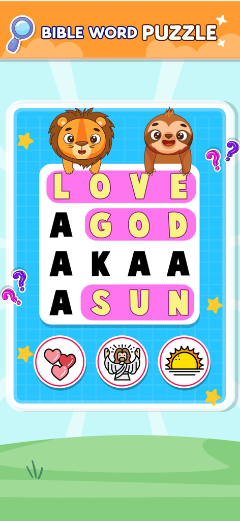 Bible Word Search Puzzle Games - Tela de jogo de quebra-cabeça de busca de palavras bíblicas com as palavras Diga a Deus e Sol destacadas