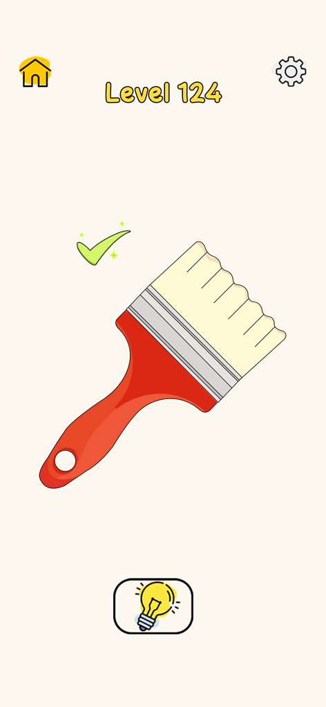 Gameplay screenshot showing a completed paintbrush drawing in Draw One Puzzle Games level 124.