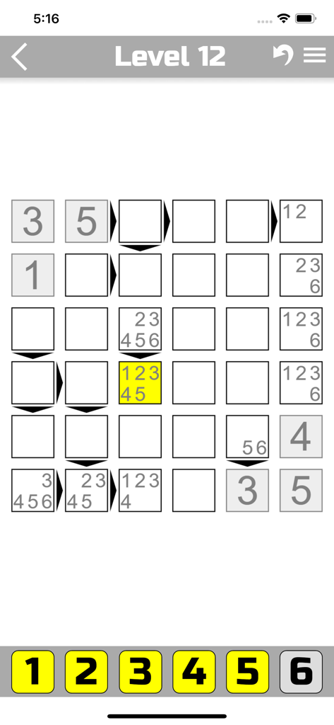 The Futoshiki - Screenshot del gameplay dell'app The Futoshiki con una griglia logica 6x6 con numeri e segni di disuguaglianza.