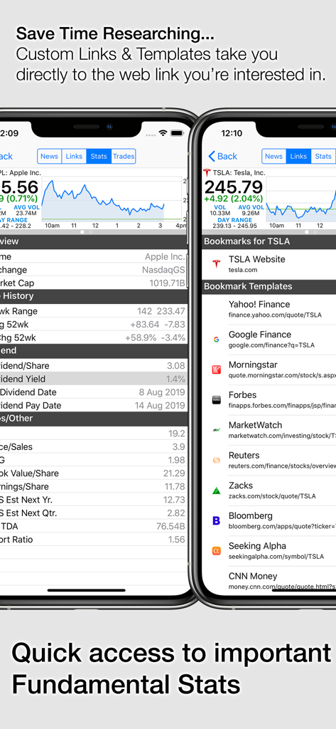 StockSpy: Real-time Quotes - StockSpy mobile app screens displaying stock fundamental data and research bookmark templates.
