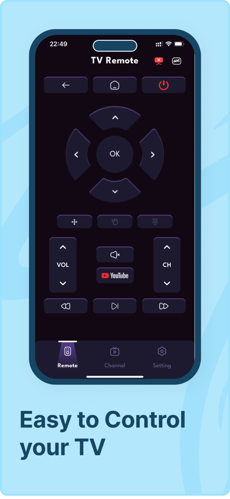 Remote Control Universal TV - Interfaz de una app de control remoto universal de TV con controles de reproducción y volumen en un smartphone
