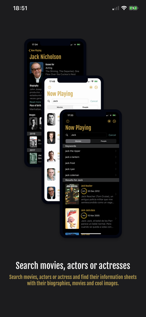 Movie Premieres - Interface de l'application Avant-premières de films montrant les résultats de recherche d'acteurs et une page de biographie pour Jack Nicholson