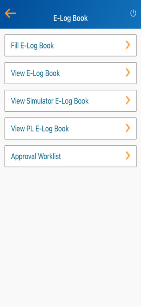 eGCA - Main menu of the eGCA mobile app featuring pilot E-Log Book options