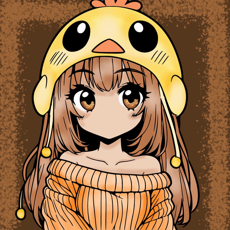 anime girl with chick shaped hat with sweater with bare shoulders with bangs covering them one eye with low tail