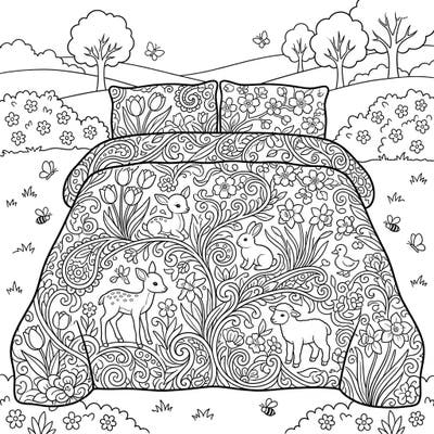 Embrace the freshness of spring with this charming comforter coloring page, specially designed for creative teens. Discover a world of intricate floral patterns and adorable baby animals waiting for your vibrant touch.