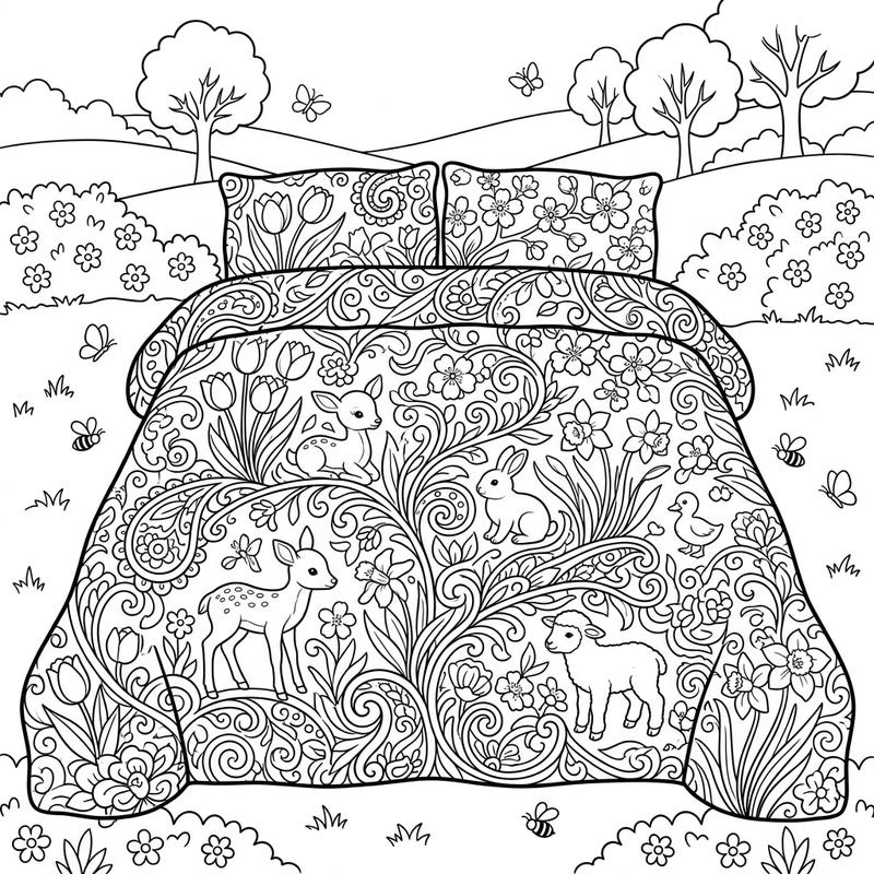 Embrace the freshness of spring with this charming comforter coloring page, specially designed for creative teens. Discover a world of intricate floral patterns and adorable baby animals waiting for your vibrant touch.