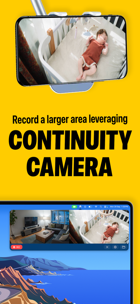 Lookout Dual Camera Recorder - Lookout app interface showcasing dual camera recording and continuity camera feature for home security and baby monitoring