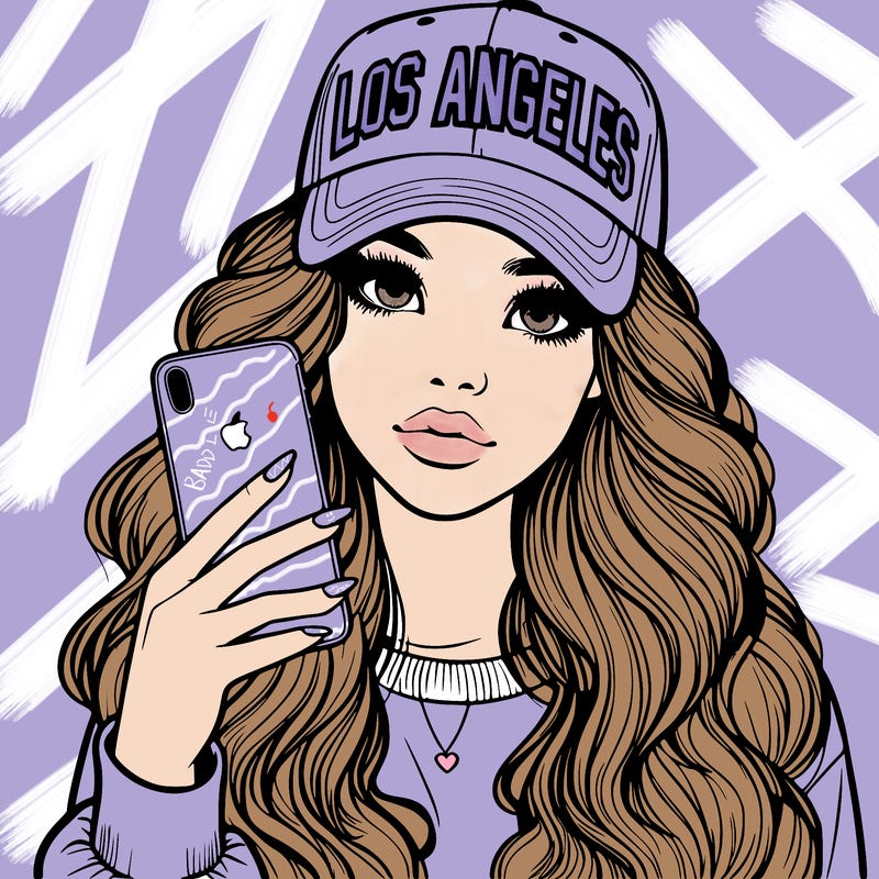 realistic beautiful girl wearing los ángeles cap holding an iphone