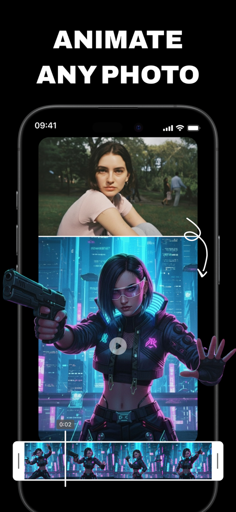 Flow AI - Video Generator - Une interface d'application mobile démontrant la transformation d'une photo de portrait en un personnage vidéo cyberpunk animé.