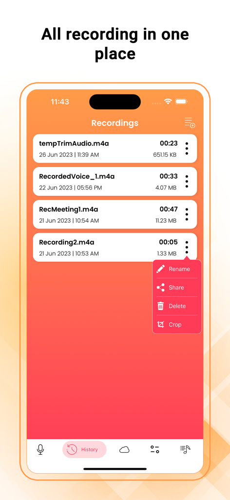 Voice Recorder - Audio Memos - ボイスレコーダーアプリの録音済み音声メモのリスト。名前変更、共有、削除、切り抜きオプションがあります。