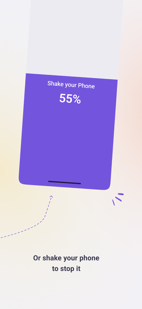 A smartphone screen from the Fajr app showing the Shake to Wake challenge with a 55 percent progress indicator to stop the alarm.