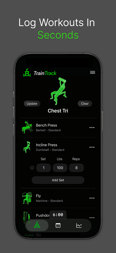 TrainTrack - Strength Tracker - Interfaz de la aplicación TrainTrack que muestra un registro de entrenamiento de pecho y tríceps con detalles de ejercicios y seguimiento de series