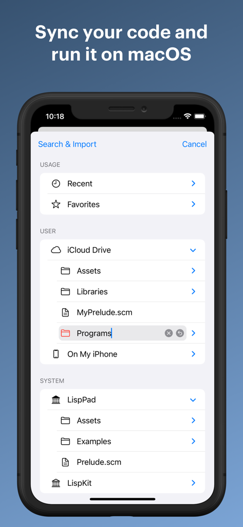 LispPad Go - LispPad Go file management interface showing iCloud Drive integration and local folders for Scheme programming projects
