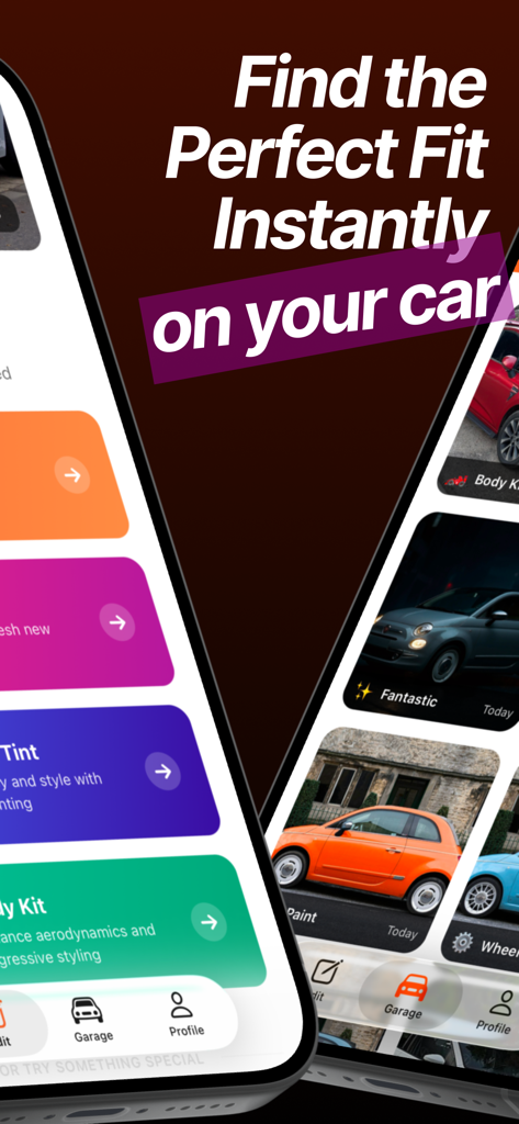 Interfaz de la aplicación RevvUp Car Customizer AI mostrando opciones de personalización y una galería de coches modificados