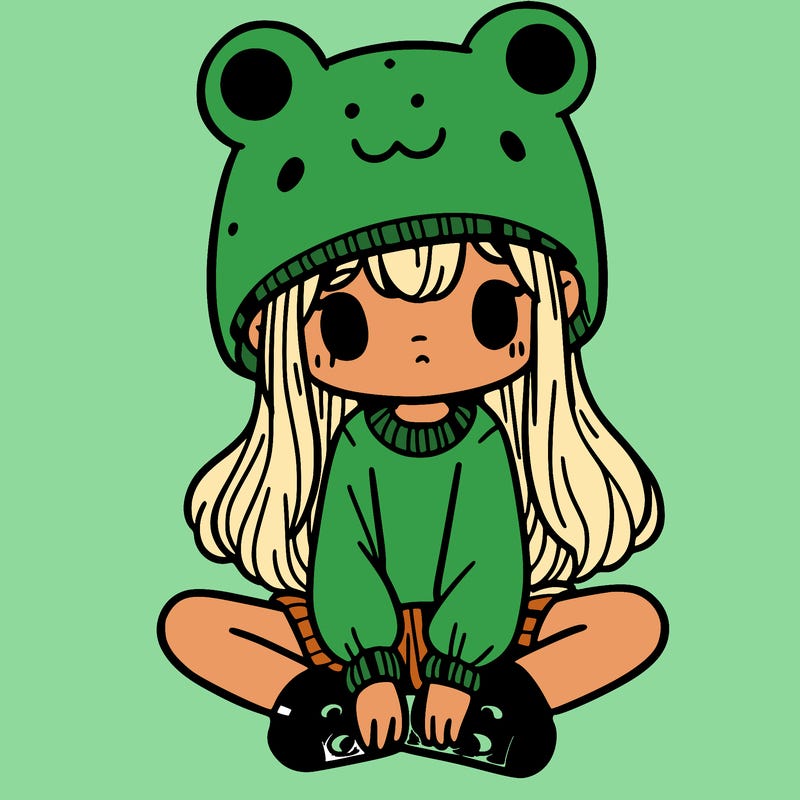 a girl wearing a frog hat and some frog socks