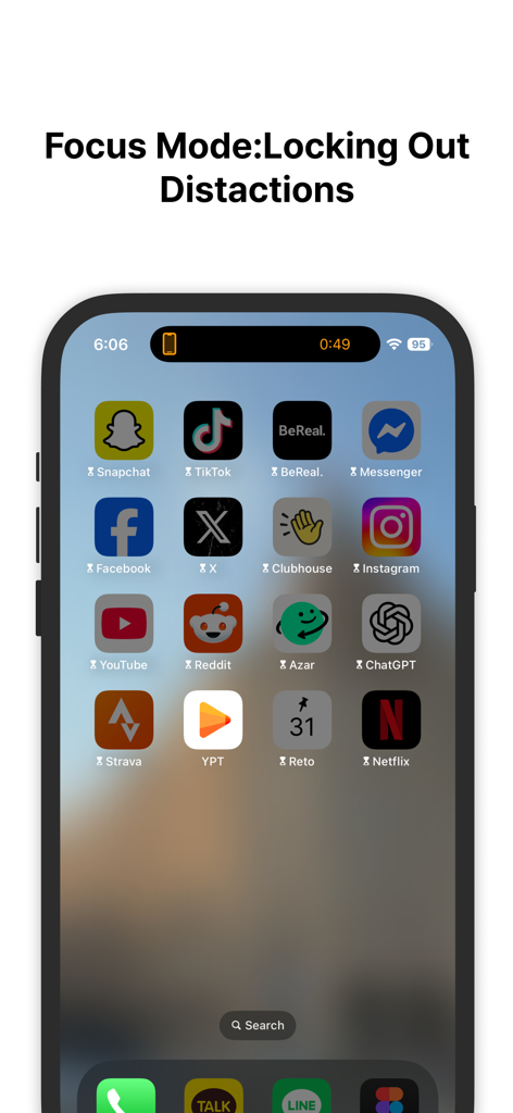 YPT - Study Group - Pantalla del modo de concentración de YPT que muestra aplicaciones de redes sociales bloqueadas