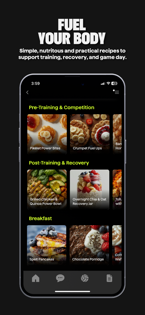 NetHub App - NetHub app interface showing specialized nutrition recipes for netball training and recovery