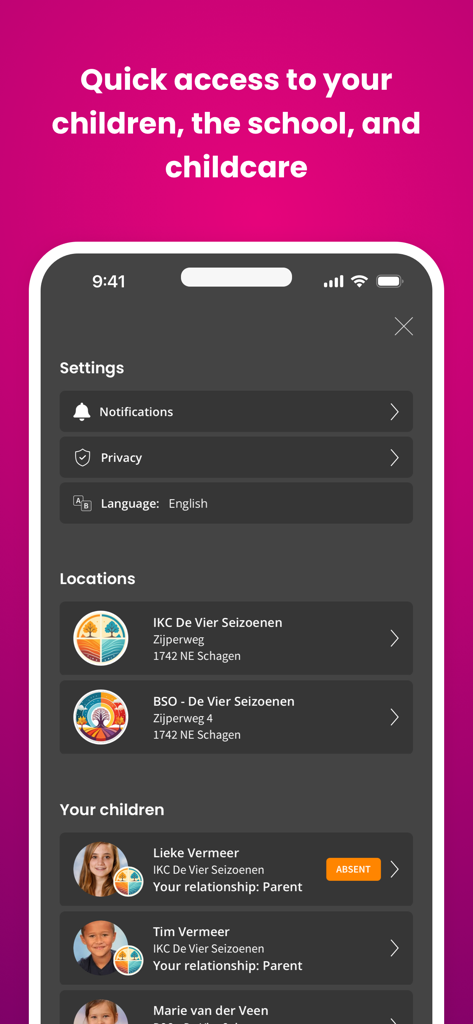 Ziber Kwieb - A screenshot of the Ziber Kwieb app settings screen showing linked school locations and children's profile summaries.