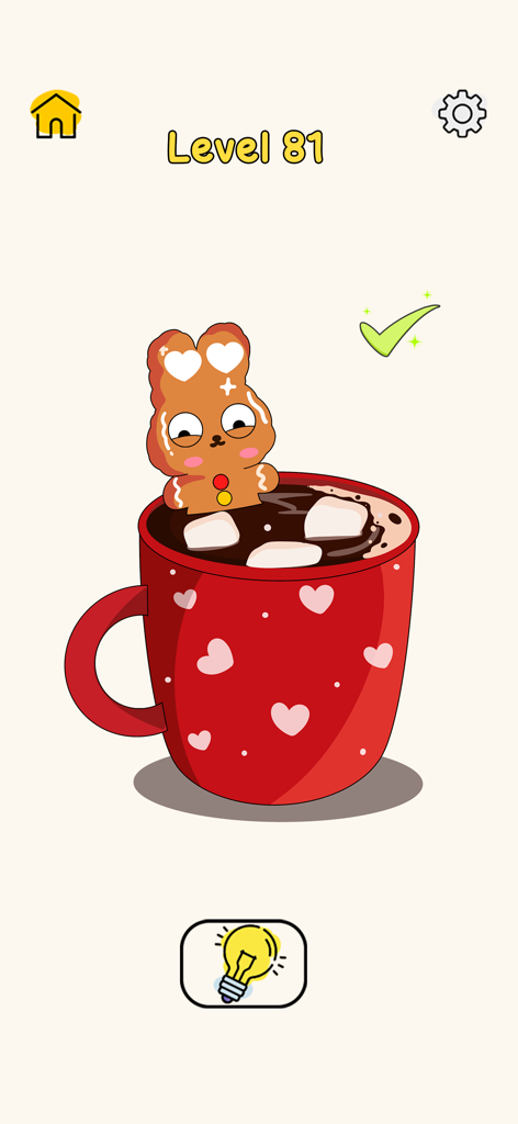 A solved level of Draw One Puzzle Games showing a gingerbread bunny in a red mug of hot chocolate with marshmallows
