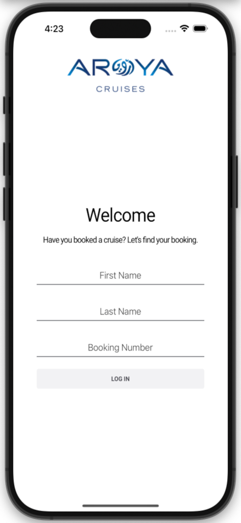 Tela de boas-vindas do aplicativo AROYA Cruises com campos de login para nome e sobrenome e número da reserva