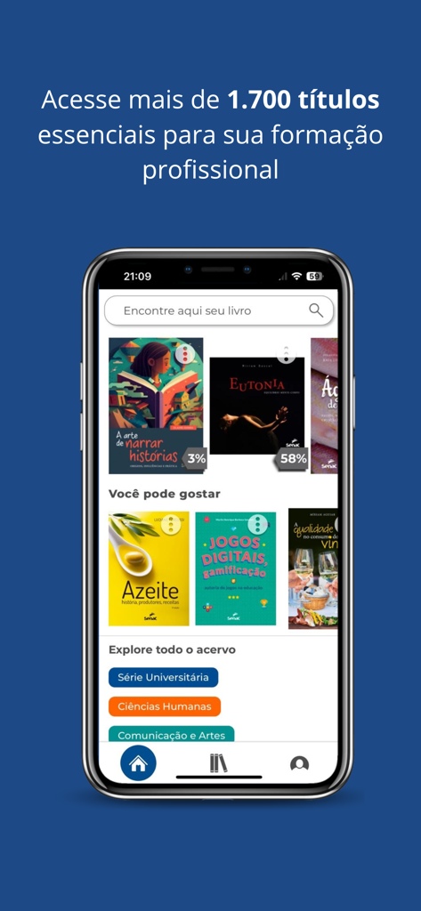 Biblioteca Digital Senac - A smartphone displaying the Biblioteca Digital Senac app interface with a collection of professional e-books and category search filters.