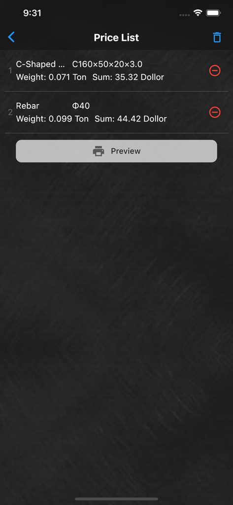 Steel weight calculator Pro - Pantalla de lista de precios que muestra los cálculos de peso y coste de los artículos de acero.