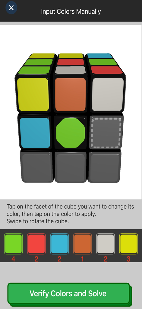 3D Magic Cube Solver - Manual color input interface for the 3D Magic Cube Solver app showing a virtual cube and color palette.
