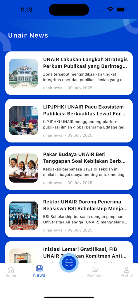 Kampus Kita Mahasiswa - Screenshot of the Unair News section in the Kampus Kita Mahasiswa app showing university news articles and navigation menu.
