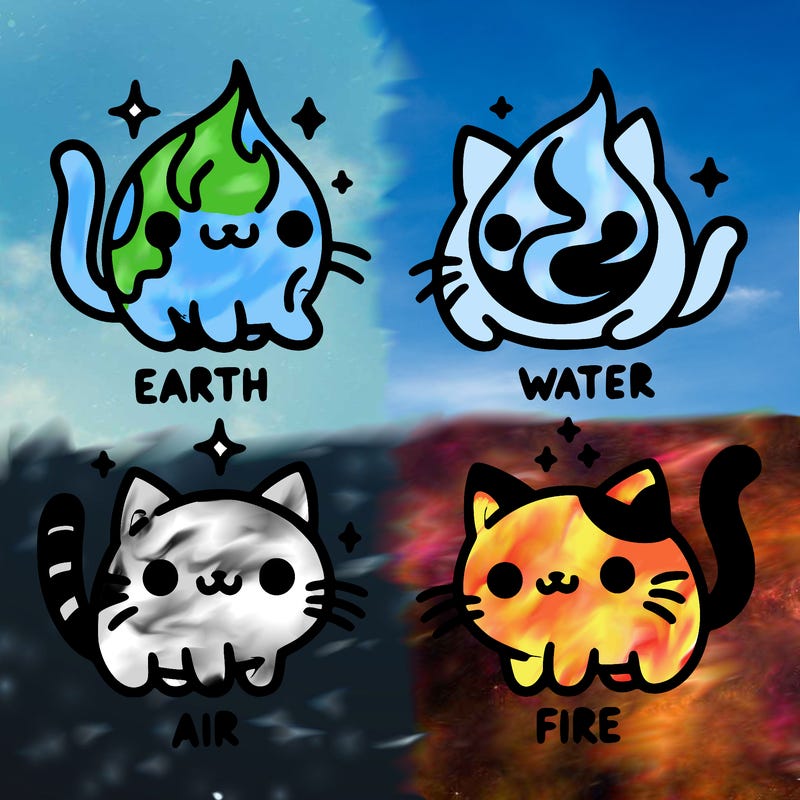 4 cats that represent the different elements, earth, water, air, and fire