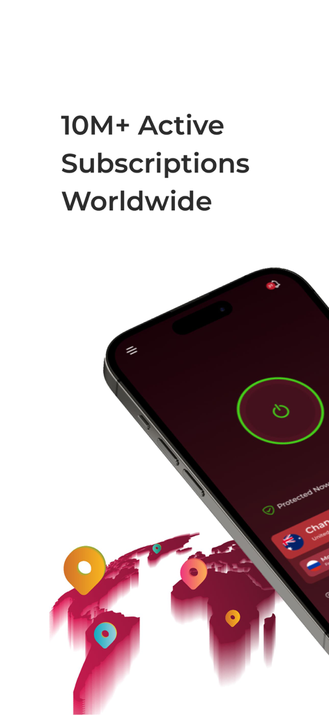 Smartphone showing Symlex VPN interface with a global map and text stating 10M plus active subscriptions worldwide