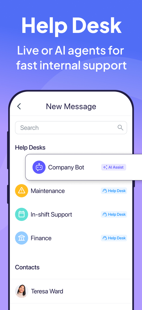 Interfaccia dell'app mobile Connecteam che mostra le opzioni dell'help desk interno con bot AI e supporto del dipartimento
