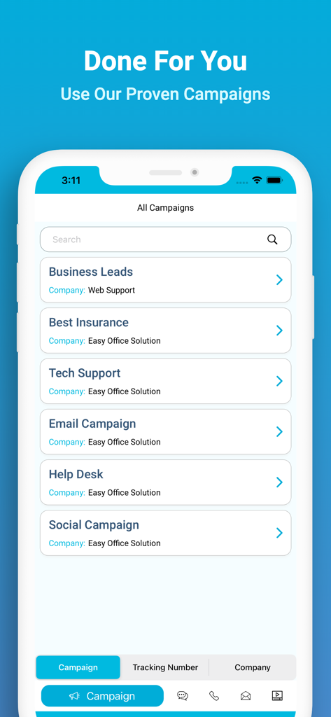 Una pantalla de aplicación móvil mostrando una lista de plantillas de campañas de marketing como clientes potenciales de negocios y campañas de correo electrónico.