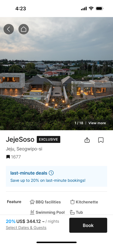 STAYFOLIO - STAYFOLIO app interface showing an exclusive architectural listing for JejeSoso in Jeju Seogwipo-si