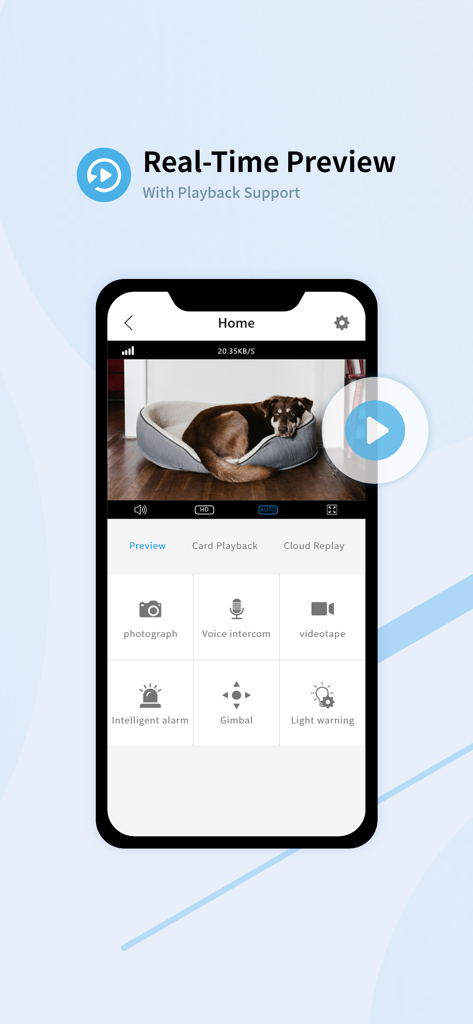 Tris Home - Tris Home mobile app interface displaying a real-time security video feed of a dog in its bed with control icons for intercom and alarms.