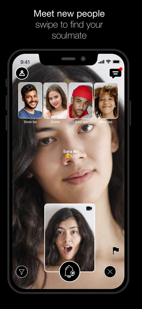 Interfaz de usuario de la app Videollamada en Vivo mostrando una coincidencia de video en tiempo real con miniaturas de perfiles de otros usuarios