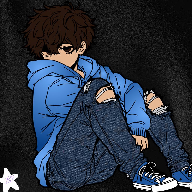 a male hoddie ripped jeans messy hair anime